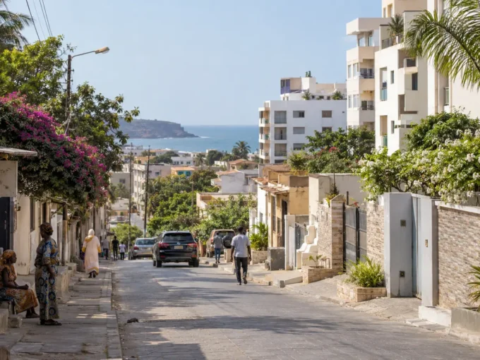 Rue résidentielle d’Ouakam entre tissu ancien, immeubles récents et océan