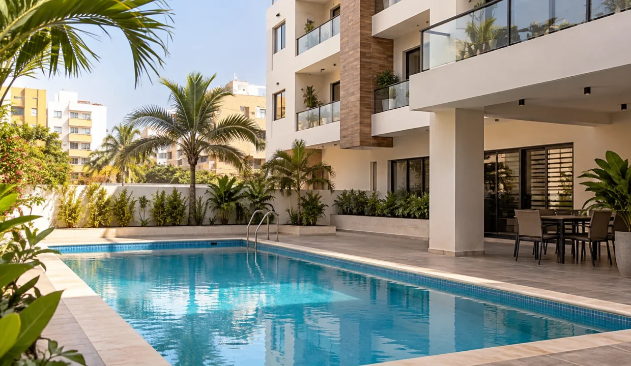 Piscine partagée d’une résidence locative à Dakar