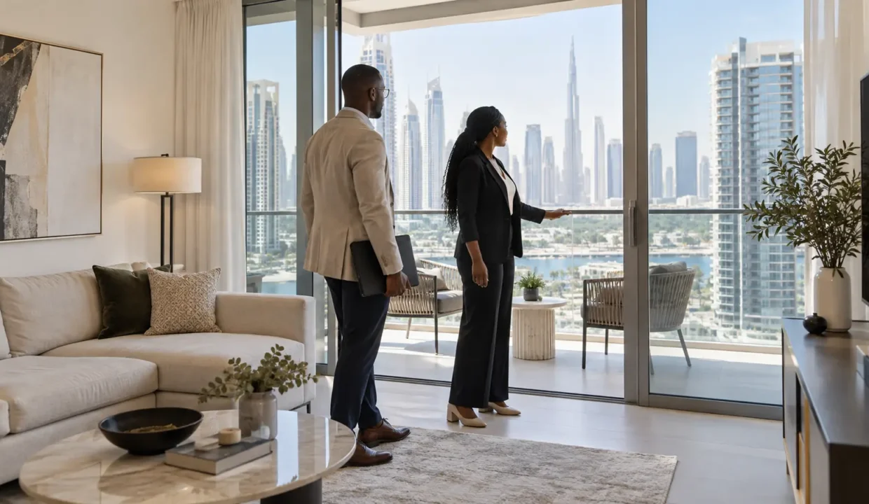Propriétaire et gestionnaire visitant un appartement à louer à Dubaï