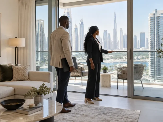 Propriétaire et gestionnaire visitant un appartement à louer à Dubaï