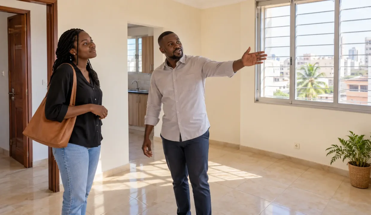 Locataire visitant un appartement abordable à Dakar