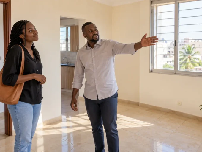 Locataire visitant un appartement abordable à Dakar