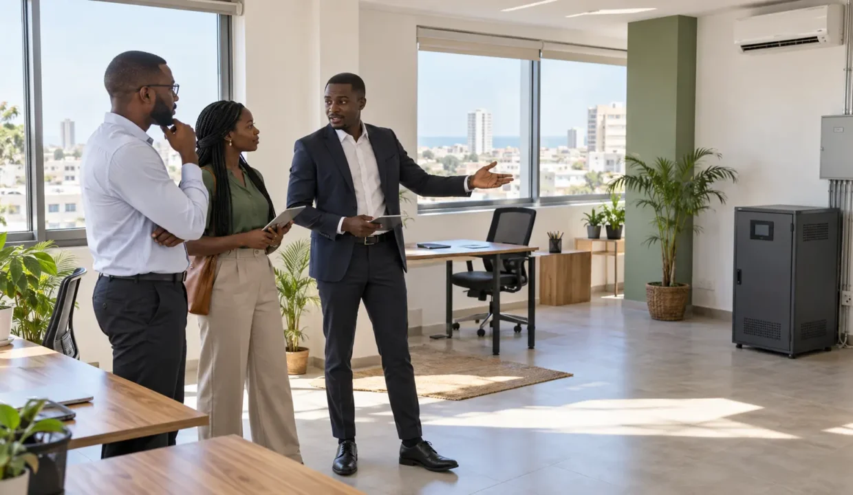 Professionnels inspectant un bureau à louer à Dakar