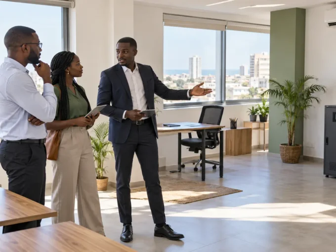 Professionnels inspectant un bureau à louer à Dakar
