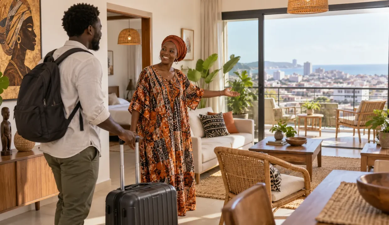 Voyageur accueilli dans un appartement meublé en location courte durée à Dakar