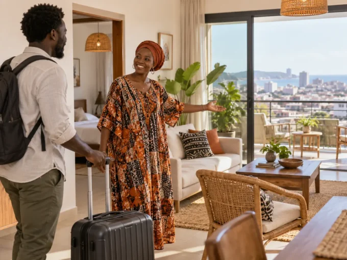 Voyageur accueilli dans un appartement meublé en location courte durée à Dakar