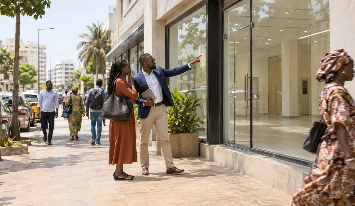 Entrepreneur évaluant la visibilité d’un local commercial à Dakar