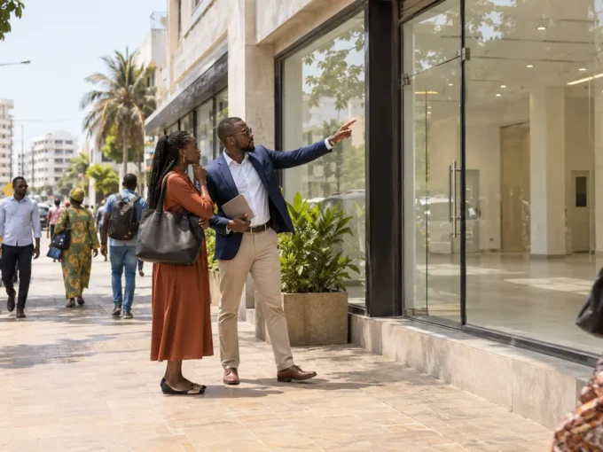 Entrepreneur évaluant la visibilité d’un local commercial à Dakar