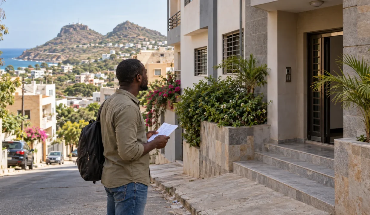 Illustration d’un locataire examinant un immeuble dans une rue des Mamelles à Dakar