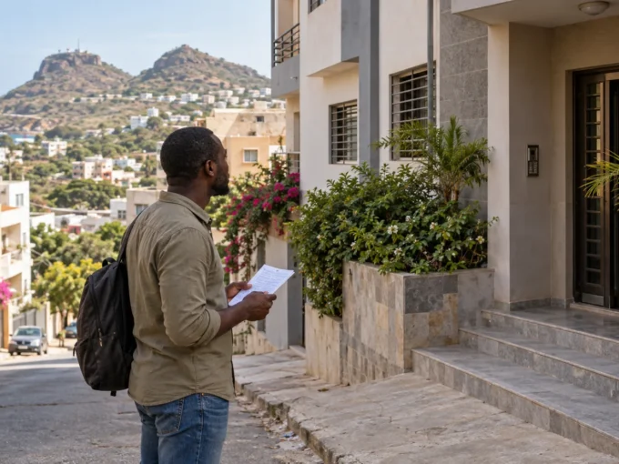 Illustration d’un locataire examinant un immeuble dans une rue des Mamelles à Dakar