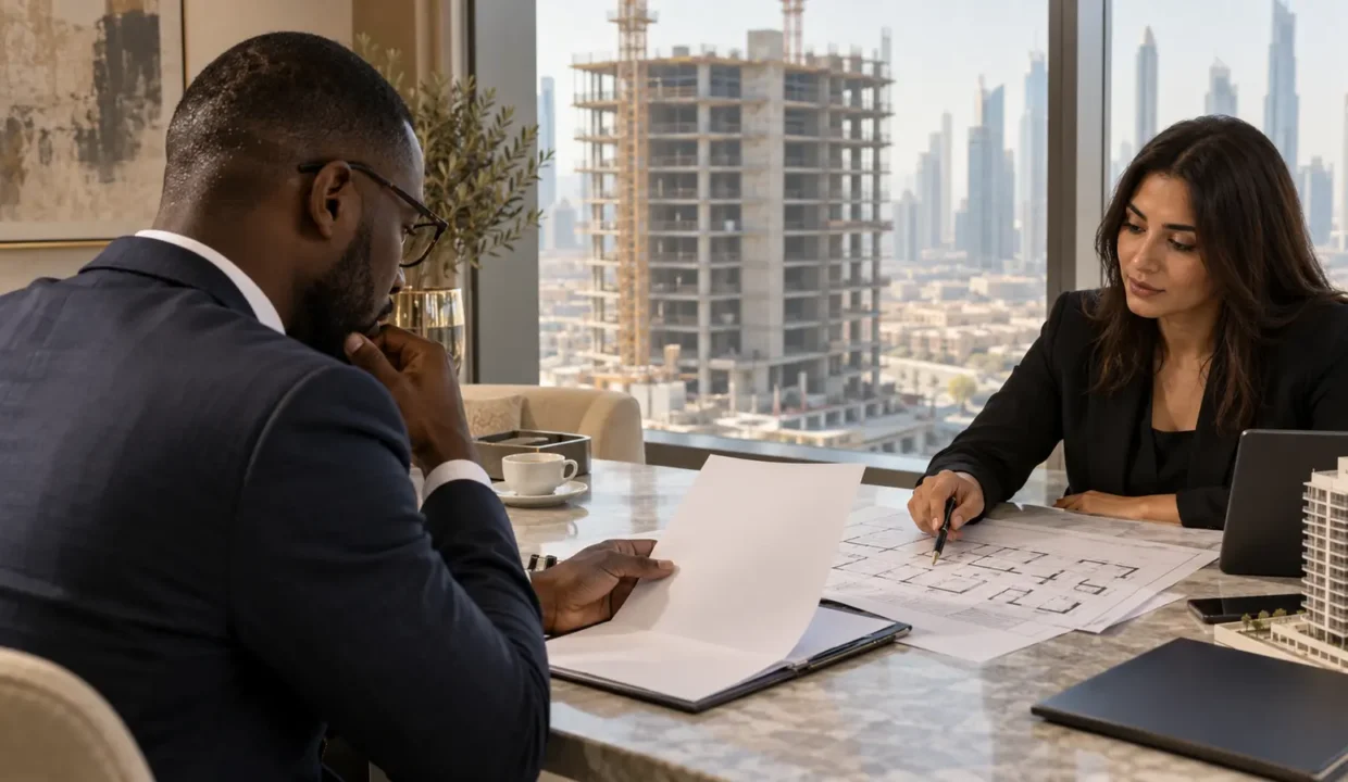 Acheteur africain vérifiant un contrat d’achat sur plan à Dubaï
