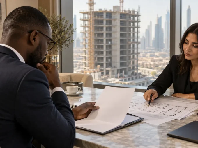 Acheteur africain vérifiant un contrat d’achat sur plan à Dubaï