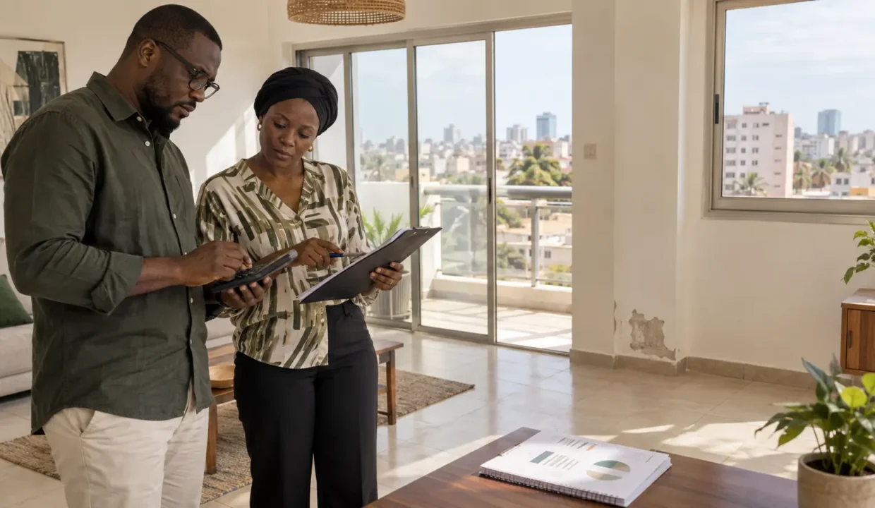 Investisseur et gestionnaire calculant la rentabilité locative d’un appartement à Dakar