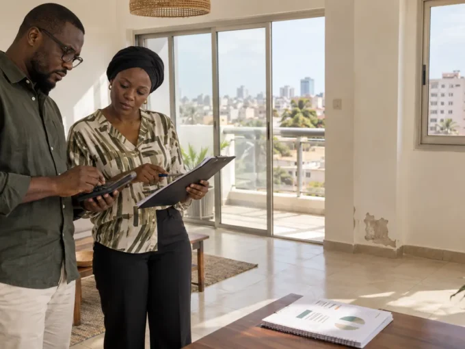 Investisseur et gestionnaire calculant la rentabilité locative d’un appartement à Dakar