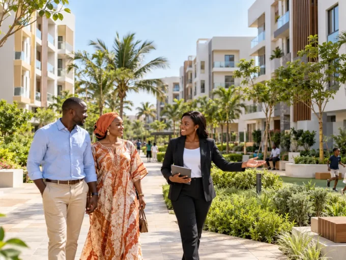 Couple visitant un programme résidentiel moderne de Senegindia au Sénégal