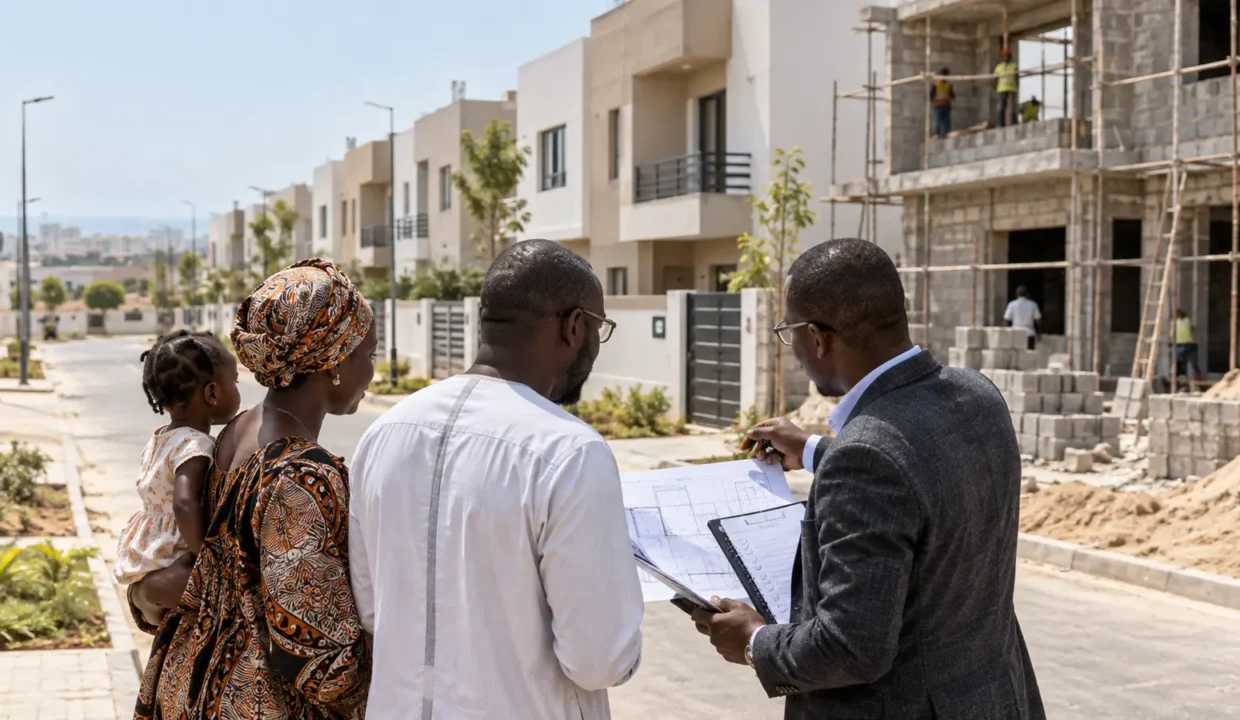 Famille vérifiant un programme immobilier neuf au Sénégal
