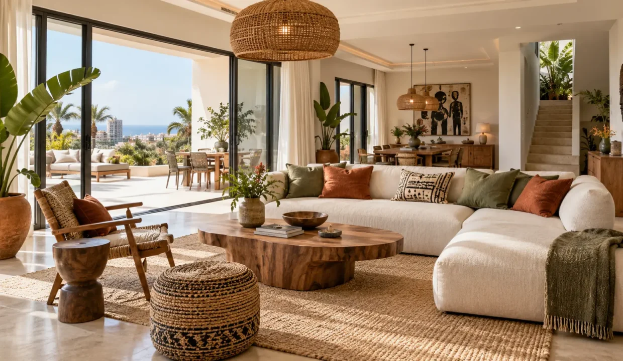 Salon contemporain aux influences sénégalaises dans une villa lumineuse