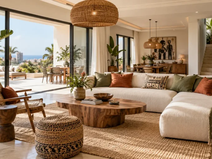 Salon contemporain aux influences sénégalaises dans une villa lumineuse