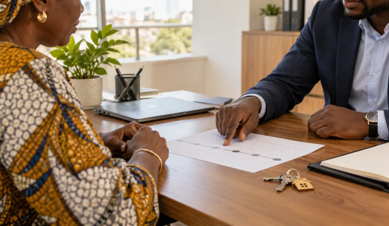 Vendeur et professionnel examinent le calendrier de financement d’un achat immobilier au Sénégal