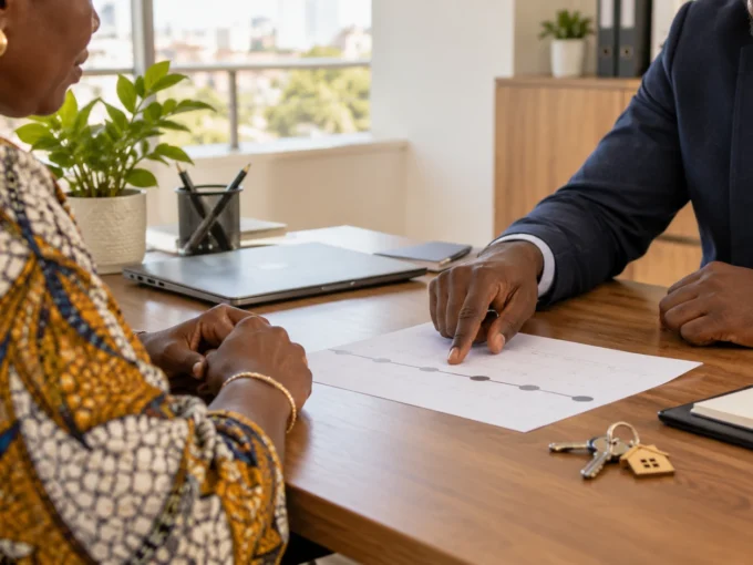 Vendeur et professionnel examinent le calendrier de financement d’un achat immobilier au Sénégal