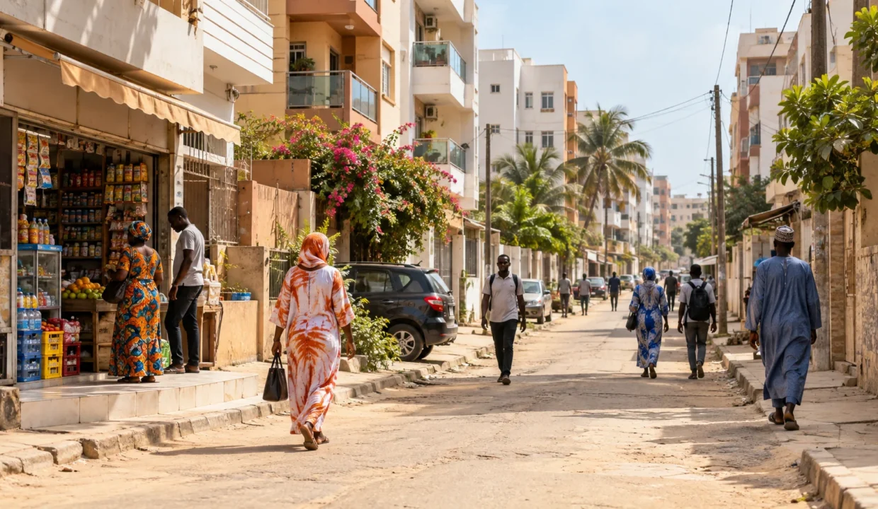 Scène de vie résidentielle illustrant la Cité Biagui à Yoff, Dakar