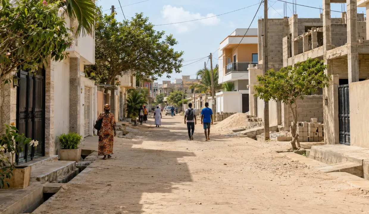 Rue résidentielle à Keur Massar entre maisons achevées et constructions récentes