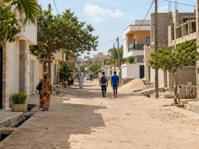 Rue résidentielle à Keur Massar entre maisons achevées et constructions récentes