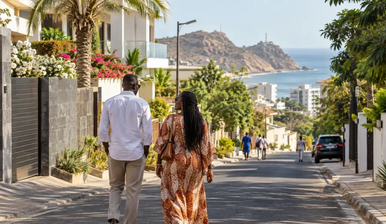 Couple se promenant dans un quartier résidentiel des Mamelles à Dakar