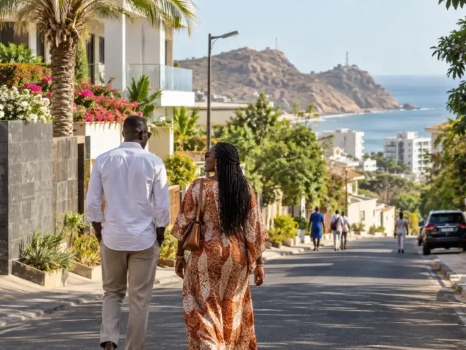 Couple se promenant dans un quartier résidentiel des Mamelles à Dakar