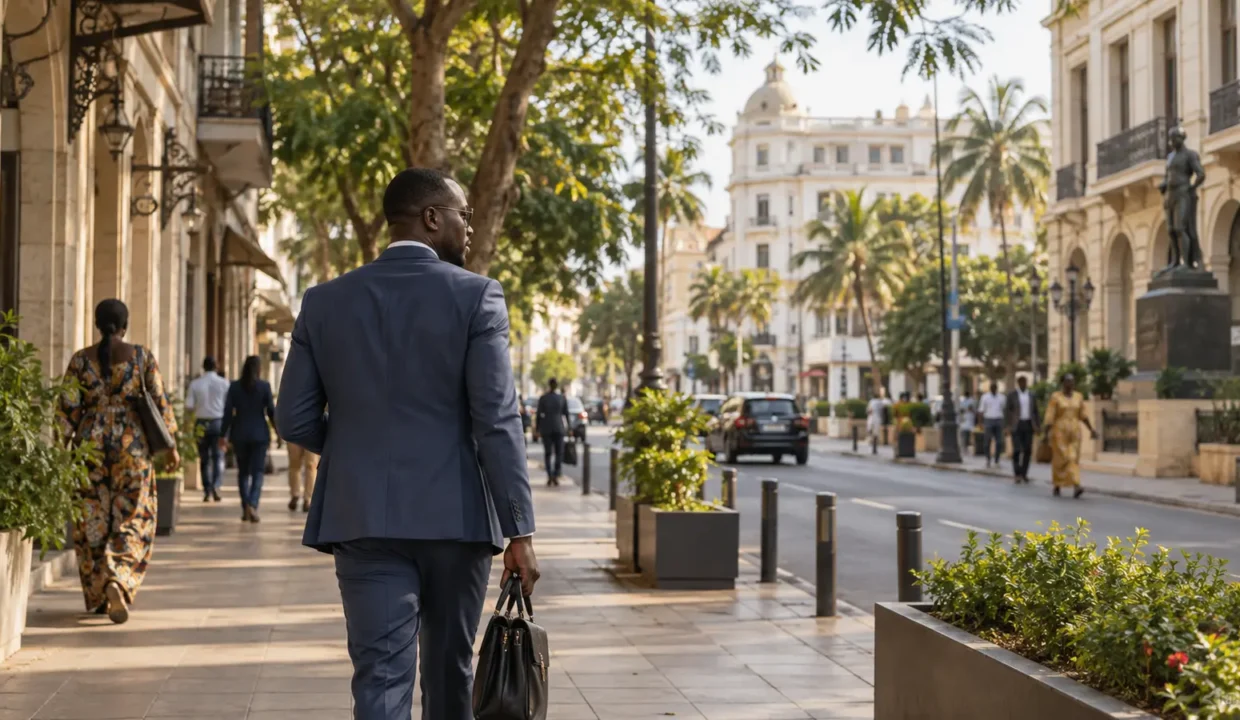 Professionnel marchant dans le quartier du Plateau à Dakar