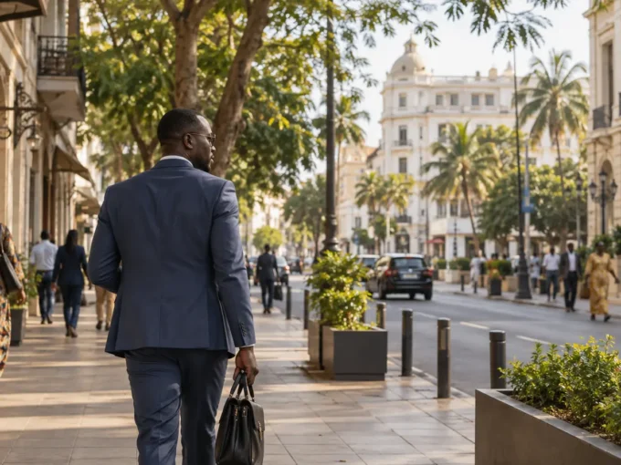Professionnel marchant dans le quartier du Plateau à Dakar