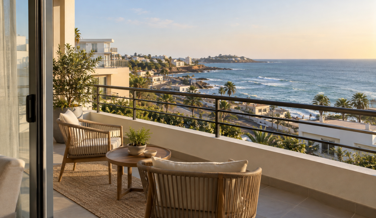 Terrasse avec deux fauteuils, une table et une vue sur le littoral et l’océan.