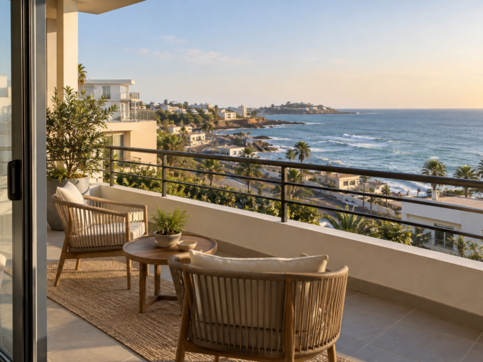 Terrasse avec deux fauteuils, une table et une vue sur le littoral et l’océan.